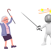 An elderly woman is holding a cane and cheering as a fencer deals with stars spinning around his head. He got crushed. Levels of fencing.